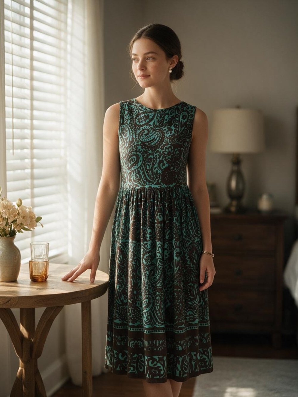 Jessica Howard Teal and Brown Paisley Sleeveless Midi Dress